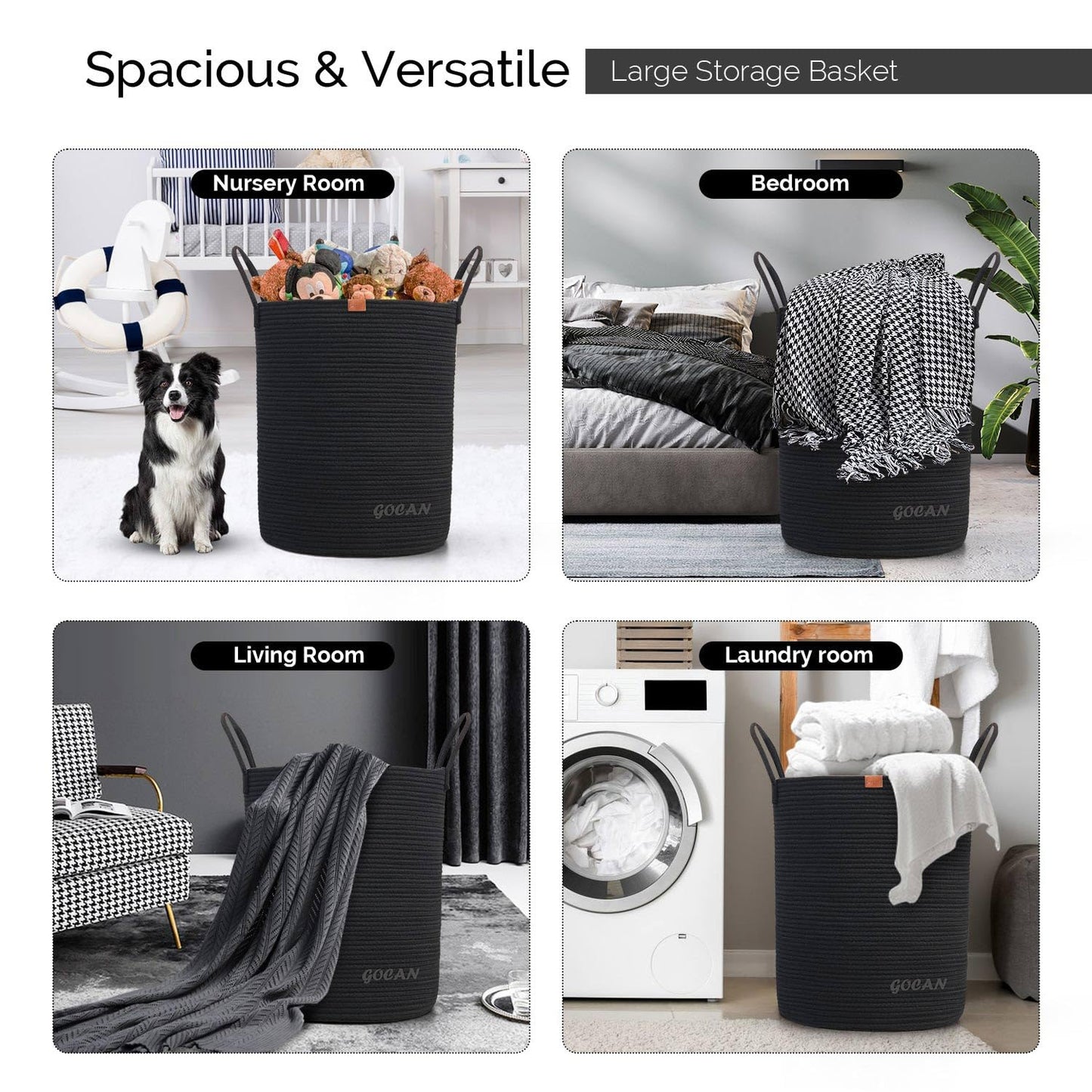 GOCAN Large High Sturdy Laundry Hamper Basket Woven Storage Baskets for Clothes Pillows Blankets Toys in Living or Bedroom Decoration H50XT38cm Black
