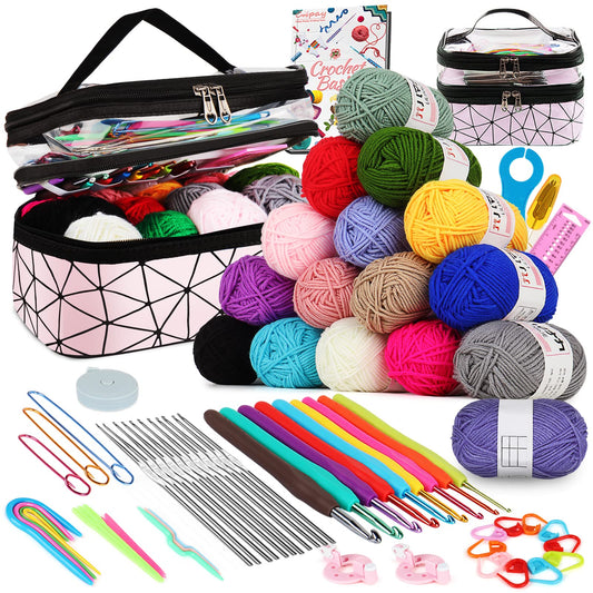 Coopay Crochet Kit for Beginners, 71 Piece Crochet Hook Set with Bag and Yarn, Premium Crochet Set with Knitting Accessories and Yarn, 0.6-6.0 mm Crochet Hooks Set, Complete Beginner Crochet Hook Sets Gifts, Pink