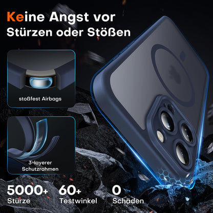 TOCOL iPhone 16 Pro case for Magsafe, with full camera protection, shockproof and scratch-resistant. Transparent back with magnetic closure in blue color.