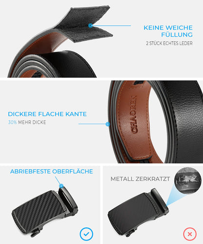 CHAOREN Men's Belt 2-Pack, 35mm Automatic Leather Belt with Ratchet - Customizable Fit, Great as a Gift.