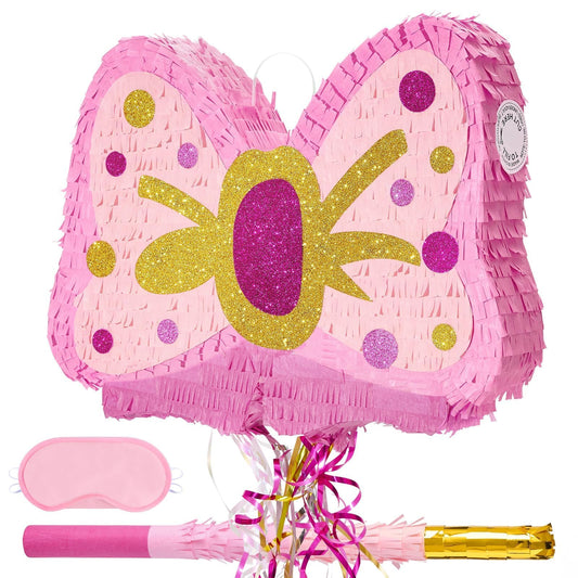 WERNNSAI Fly Piñata - Pink glitter fly piñata birthday party decor for girls kids piñata with stick and blindfold birthday party decor piñata with pull string accessories with princess theme