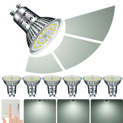 EACLL GU10 LED 5000K 10W 3-Stage Dimmable via Light Switch, 6-Pack, Daylight White 1150 Lumens Replaces 125W, 3 Brightness Levels with Memory Function, 3-in-1 Flicker-free Spotlight Bulb, Dimming without Dimmer.