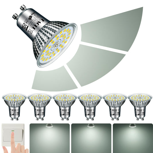 EACLL GU10 LED 5000K 10W 3-Stage Dimmable via Light Switch, 6-Pack, Daylight White 1150 Lumens Replaces 125W, 3 Brightness Levels with Memory Function, 3-in-1 Flicker-free Spotlight Bulb, Dimming without Dimmer.