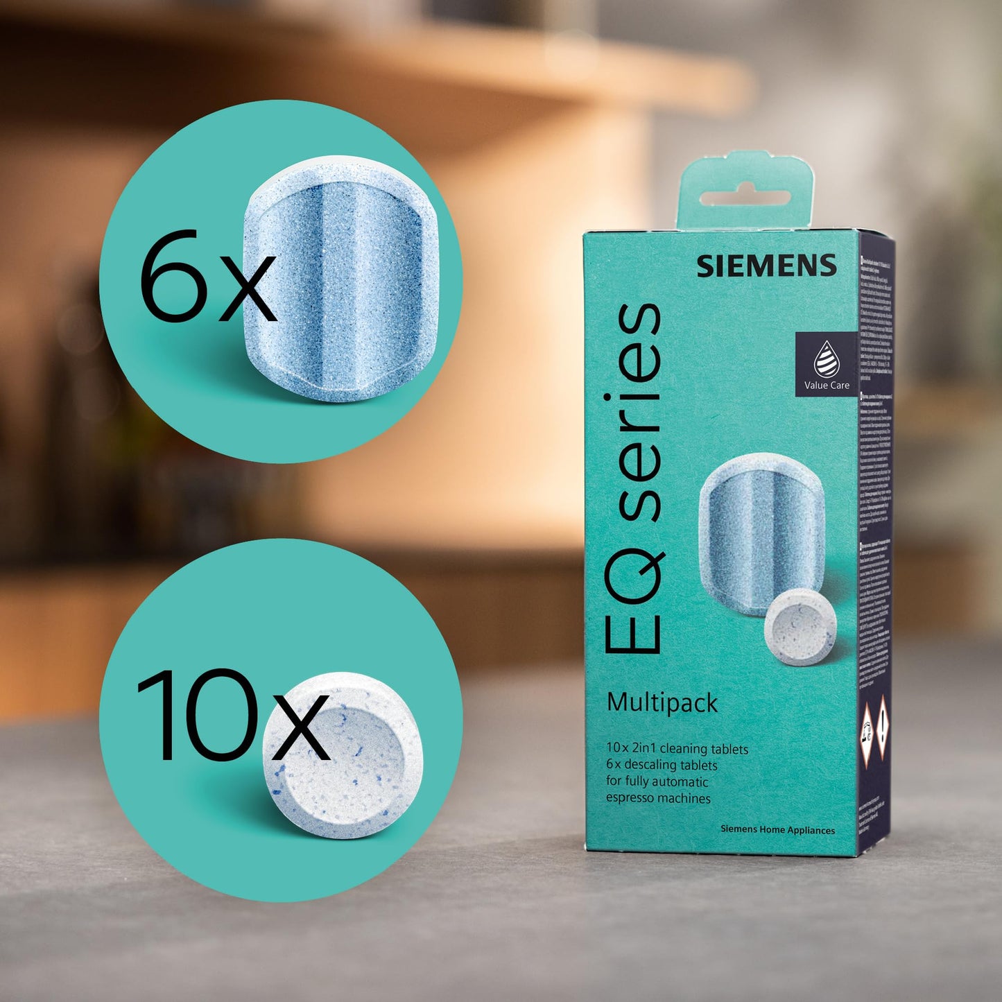Siemens Multipack TZ80003A, 10 cleaning tablets, 6 descaling tablets, suitable for coffee fully automatic machines of the EQ series, as well as built-in fully automatic machines.