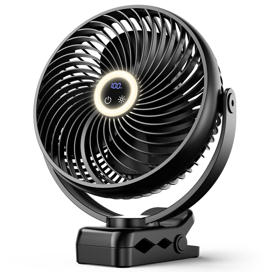 Koonie 20cm Portable Mini Clip Fan, USB Desk Fan with 10000mAh Battery, Light, Digital Display, 3 Speeds, Rechargeable Desk Fan for Home, Office, Stroller, Camping