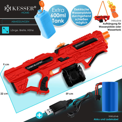 KESSER® Electric Water Gun with Battery, 1000 ml Large Water Blaster for Kids and Adults, 8m Range, Water Toy with Battery, Charging Cable & Extra Tank Red/Black