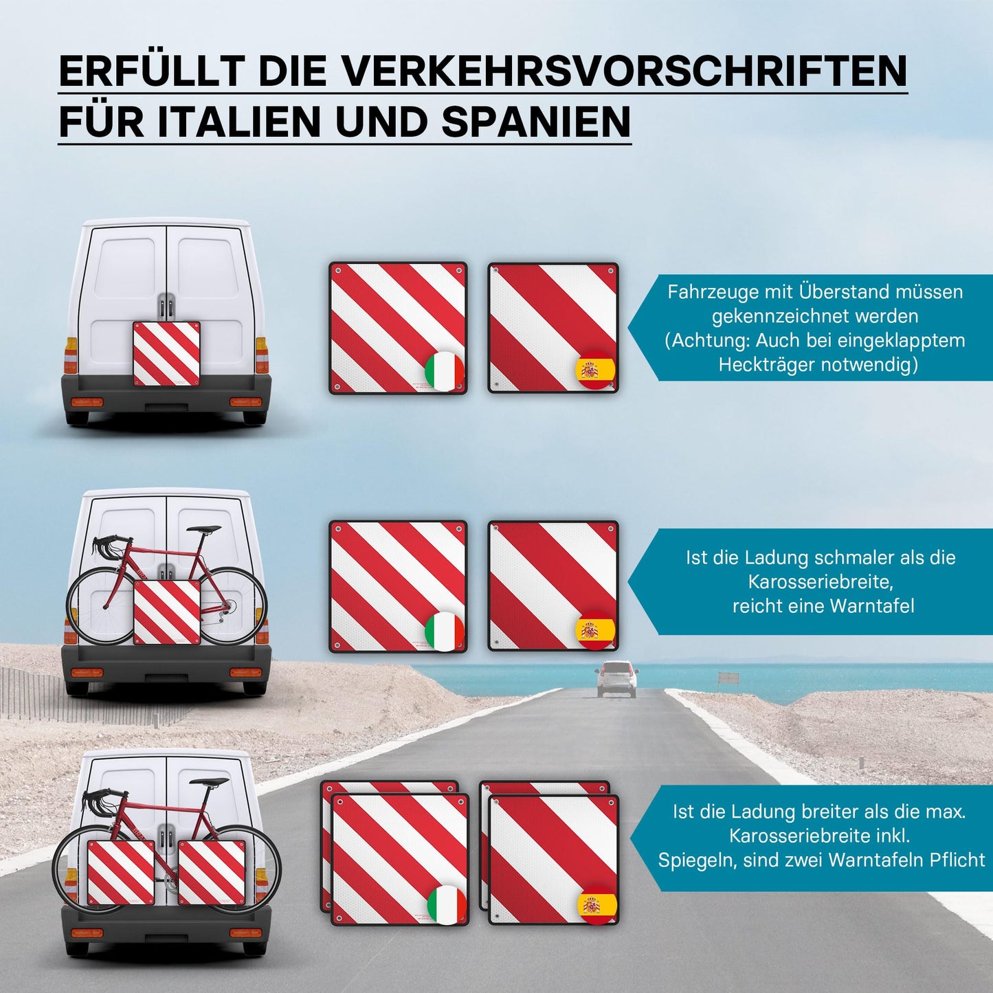Wiltec 2in1 red and white warning sign for Spain and Italy made of aluminum with mounting holes 500x500 mm reflective warning sign for bicycle carriers and rear carriers to mark protruding cargo.
