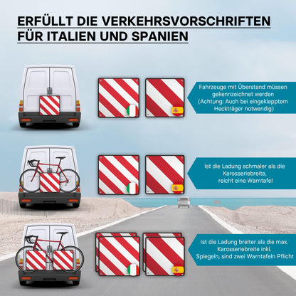 Wiltec 2in1 red and white warning sign for Spain and Italy made of aluminum with mounting holes 500x500 mm reflective warning sign for bicycle carriers and rear carriers to mark protruding cargo.
