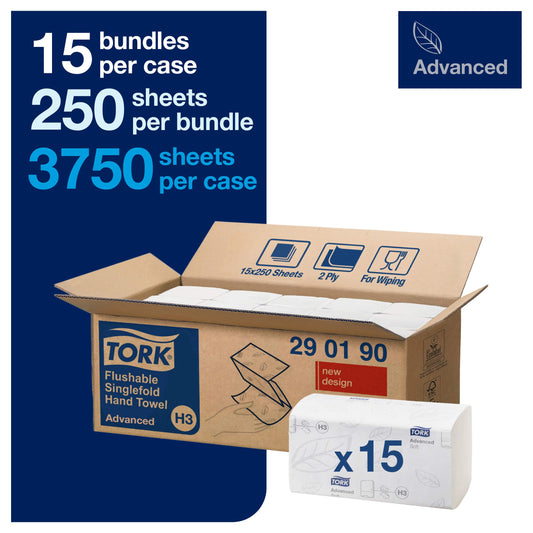 Tork Quick-Drying Zigzag Paper Towels - 0290190 - Interfold Hand Towels for Paper Towel Dispenser, H3 Advanced - 2-ply, white - Large pack of 15 x 250 sheets (Pack of 2)