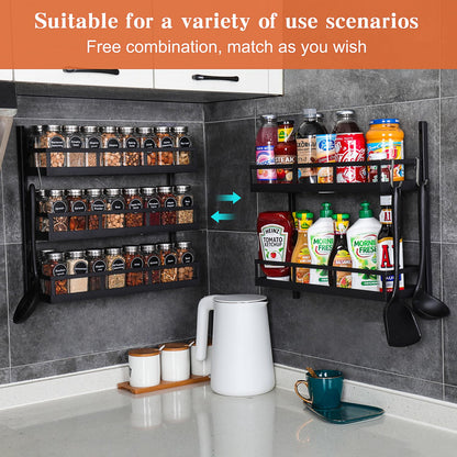 X-cosrack Spice Rack Wall Shelf 5 Levels Adjustable Height Spice Rack for Kitchen Cabinet Door, Hanging Shelf with Hooks, Black