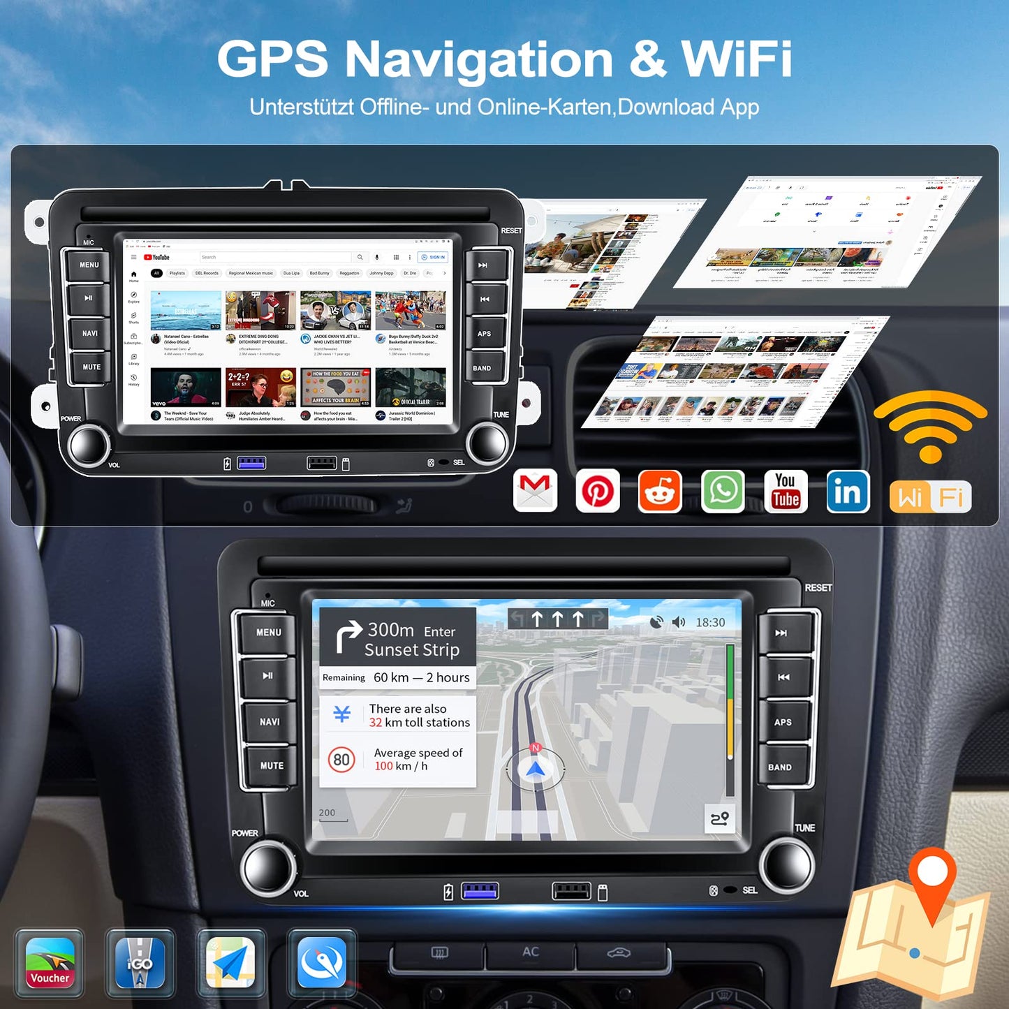 [1+32G] CAMECHO Android 13 Wireless Carplay & Android Auto car radio for VW Golf 5 Golf 6 Skoda Polo Passat Tiguan, 7-inch HD screen with GPS/WiFi/Bluetooth/FM/RDS/HiFi/USB + AHD rear view camera.