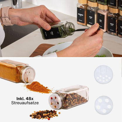 Deco House® 24-piece set of square spice jars with wooden lids [+ labels & sifter inserts] - Glass spice jar set - Spice container jars - Storage - Containers for spices - Spice storage.