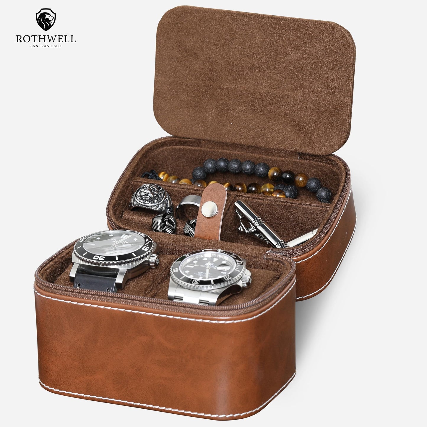 ROTHWELL 2 Watch Travel Case Storage Organizer for 2 Watches | Durable portable protection with zipper for all wristwatches and smartwatches up to 50mm (Tan/Brown)