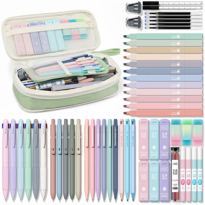 Aesthetic school supplies with pencil case, 6 colored pens, 12 pastel highlighters, 5 black ink gel pens, and 9 mechanical pencils 0.5-2.0 mm (green) - 56 PCS.
