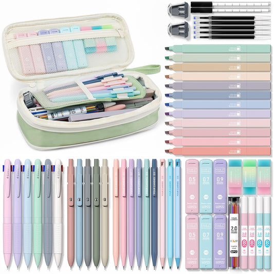 Aesthetic school supplies with pencil case, 6 colored pens, 12 pastel highlighters, 5 black ink gel pens, and 9 mechanical pencils 0.5-2.0 mm (green) - 56 PCS.