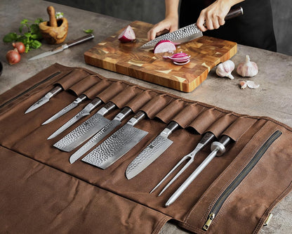 XINZUO knife bag, chef knife case, 12 slots, 16oz waxed canvas and Crazy Horse leather, can hold kitchen tools, portable knife tool bag roll bag (bag only)