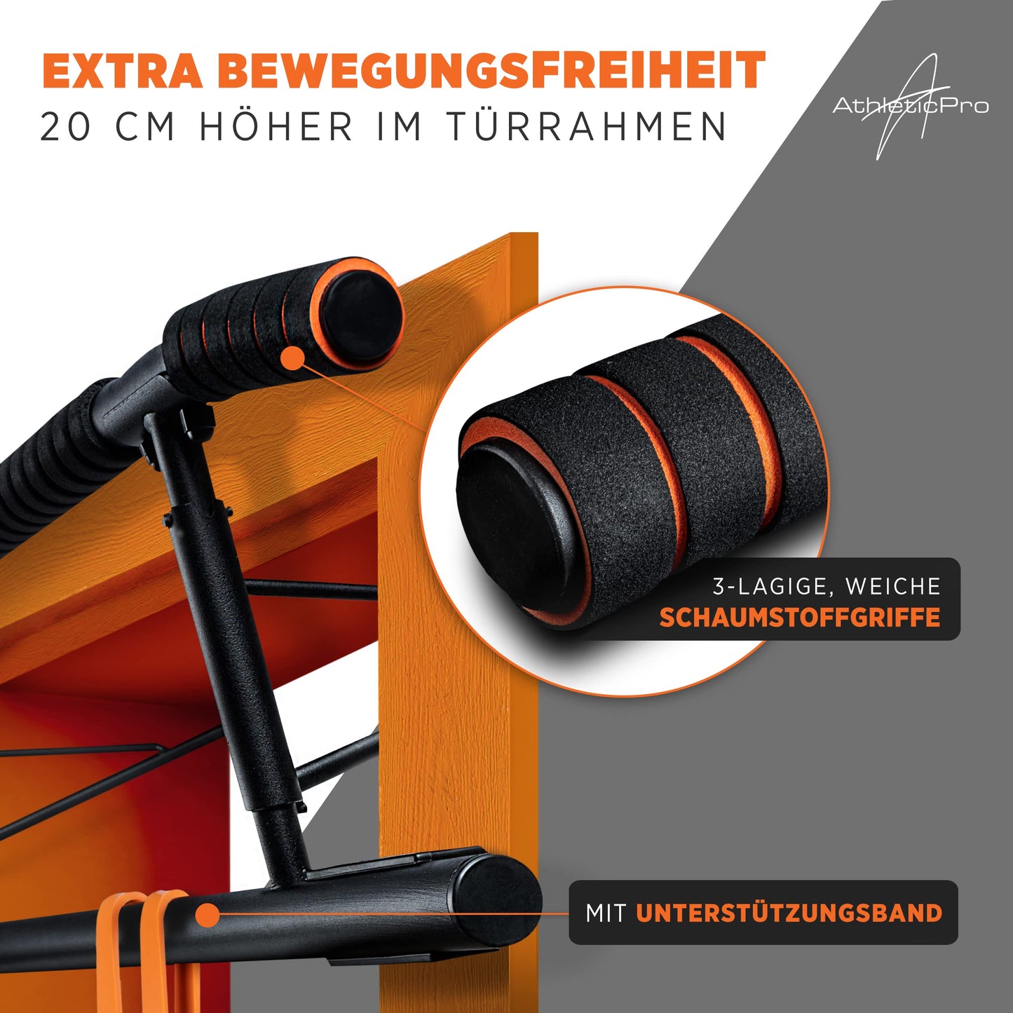 AthleticPro - Pull-Up Bar for Door Frame or Wall Mount - Heavy-duty pull-up bar [up to 200 KG] - Chin-up bar for door without assembly - 20 cm higher in the frame - Also suitable for Dips & Push Ups.