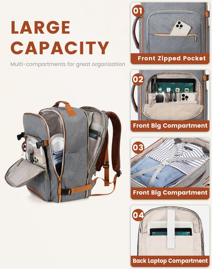 LOVEVOOK carry-on backpack, 40L large travel backpack for women, airplane suitcase travel backpack, waterproof duffel with 17-inch laptop compartment for travel, business trip, weekend hiking, gray.