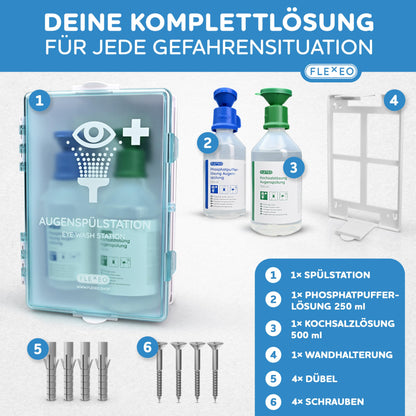 FLEXEO Eye wash station incl. (1x 500 ml NaCl saline solution + 1x 250 ml phosphate buffer solution) with wall mount – eye flushing – eye shower – sterile NaCl eye wash solution – pH-neutral