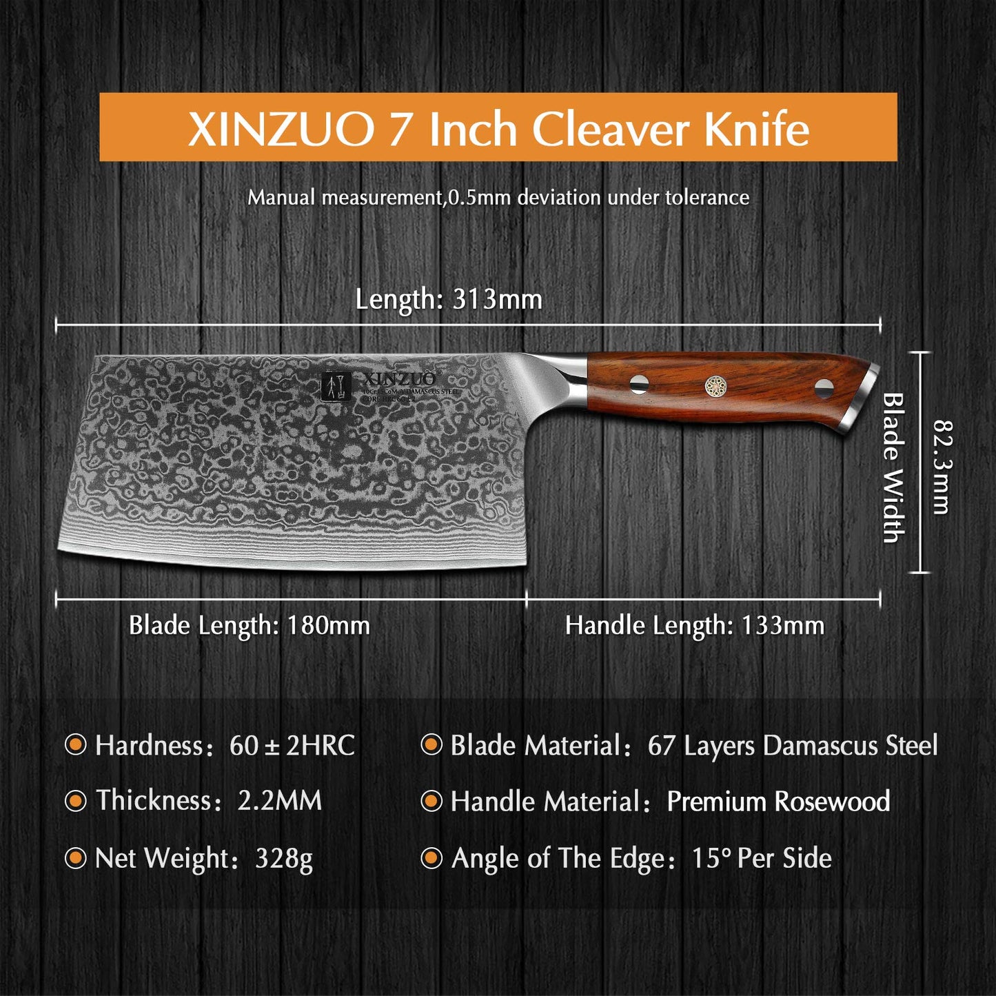 XINZUO Cleaver Knife 18cm Chinese Chef Knife, High Quality Professional Chopping Knife Sharp Blade Kitchen Knife, Gift box, with Rosewood Handle - Yu Series
