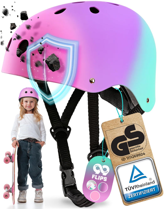 99FLIPS Kids Skate Helmet - Bike Helmet Girls 8 Years - Girls Kids Helmet Scooter - Kids Helmet 3 Years Bike Helmet - Size XS Tricolor