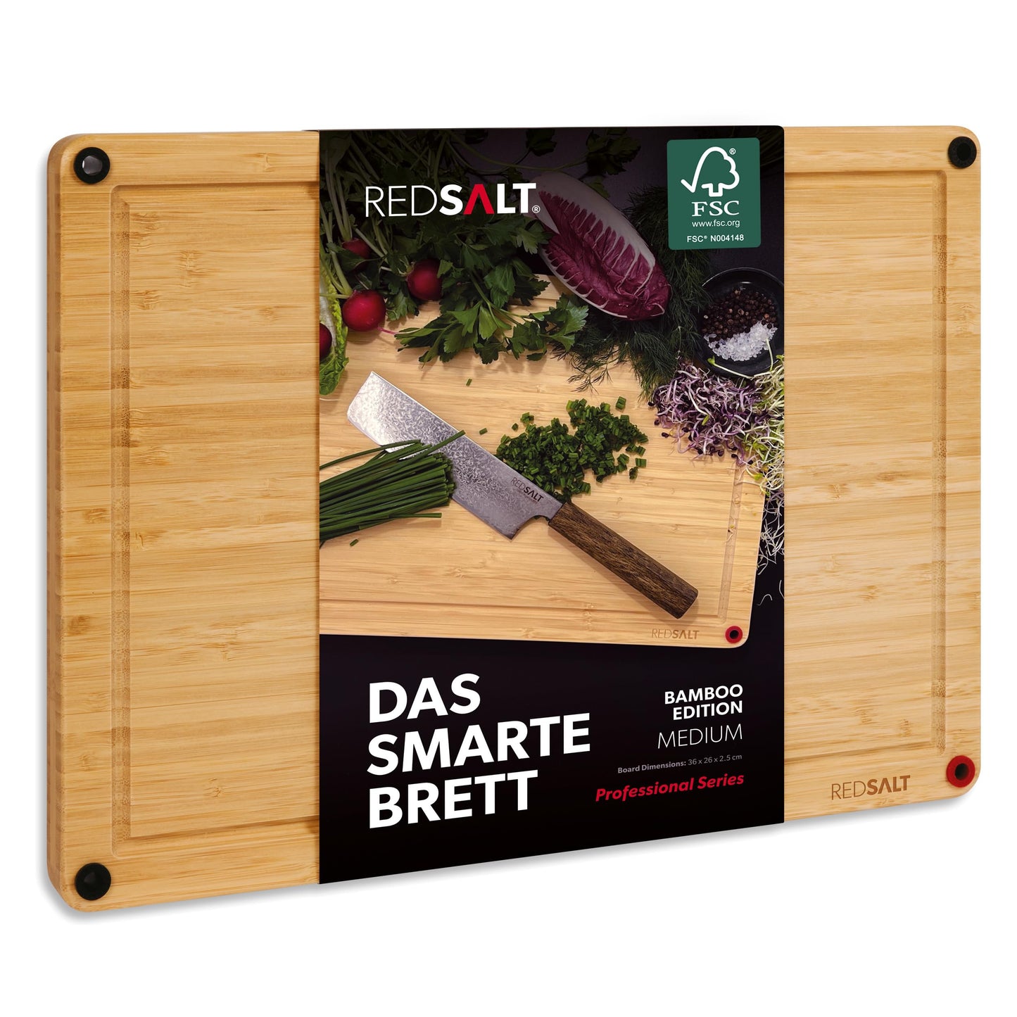 REDSALT® innovative organic bamboo cutting board non-slip M 36x26x2.5cm | Large wooden board can be used on both sides with deep juice groove | FSC certified premium cutting board kitchen gift sustainable.