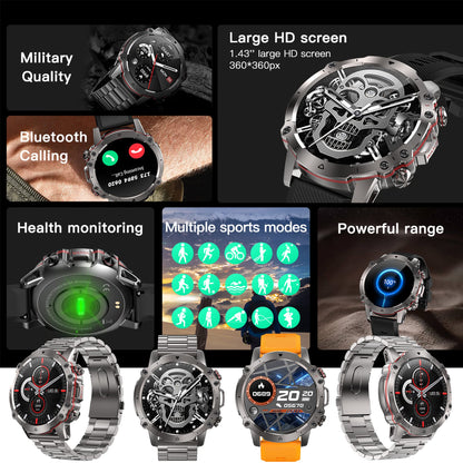 Men's smartwatch with phone function, 1.43 inch HD full touchscreen, 5ATM with 110+ sports modes, fitness tracker, sleep monitor, pedometer, message reminder, heart rate monitor for Android iOS (Silver)