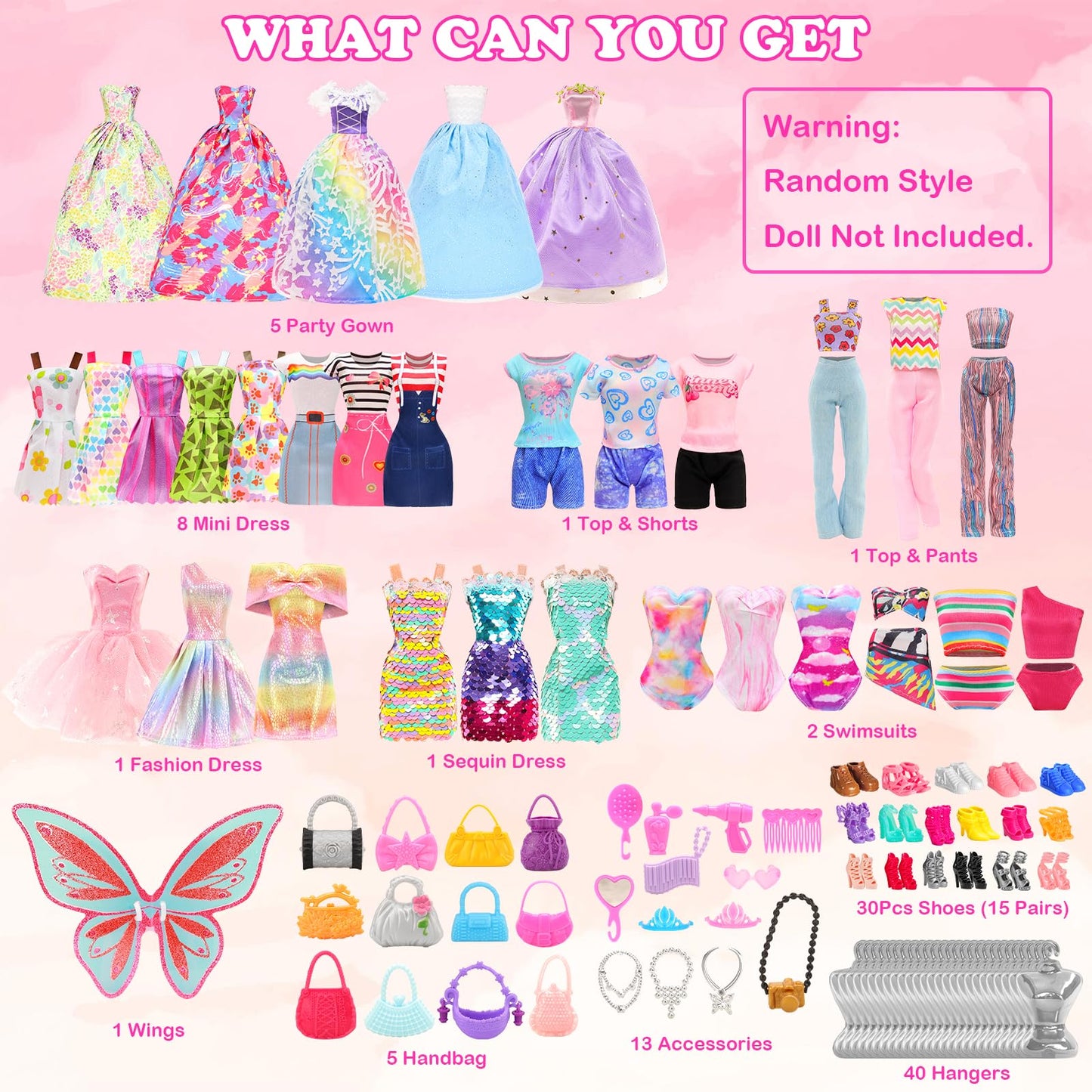 Miunana 110+ clothing for dolls Doll clothing Fashion dresses Tops Blouse Pants Evening dresses Swimsuits Mini dresses Shoes Hangers Handbag Wings Accessories for 11.5 inch girl dolls