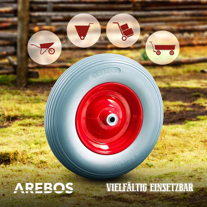 Arebos wheelbarrow wheel made of puncture-proof PU solid rubber. Load capacity 200 kg. Tire with steel rim. 4.80/4.00-8. Replacement wheel with axle. Diameter 390 mm. Grey.