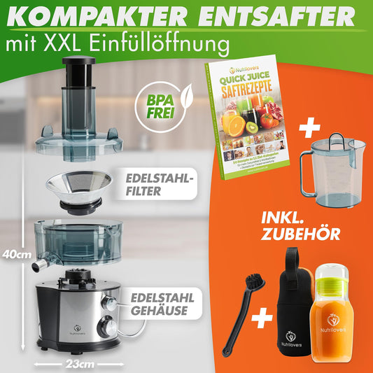 Nutrilovers *award winner* QUICK-JUICER Juicer Stainless Steel for Fruits and Vegetables I XXL chute for juicing whole fruits, 800W, 2 speeds, BPA-free incl. drinking bottle + recipe book & app