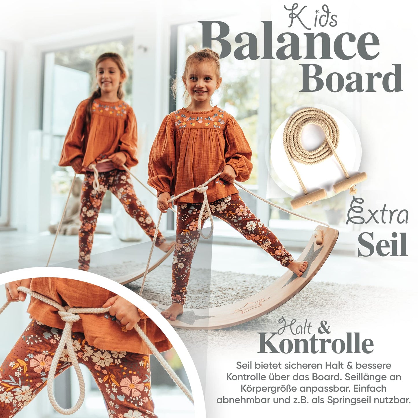 Kids Woody Star® Balance Board Children Wooden 80x30cm [EXTRA Rope+Felt+Anti-Slip] Montessori Toy from 3 years | Rocking Board Balance Board | Balancing Children Wooden Toy | Balance Board