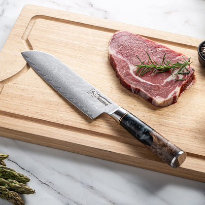 Tsume Santoku Knife Onyx, Blade length 19cm, Genuine Damascus Kitchen Knife, 67 layers of VG10 stainless steel core with black and white resin and wood handle, razor-sharp.