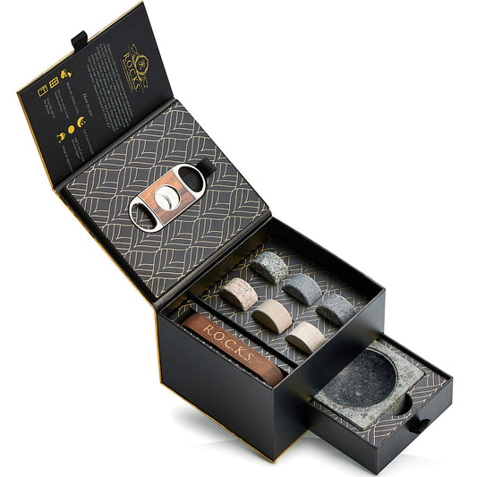 Whiskey Stones Gift Set with Cigar Cutter & Cigar Ashtray - 6 Handcrafted Premium Granite Stones - Luxurious Whiskey & Cigar Accessories Gold Foil Gift Box