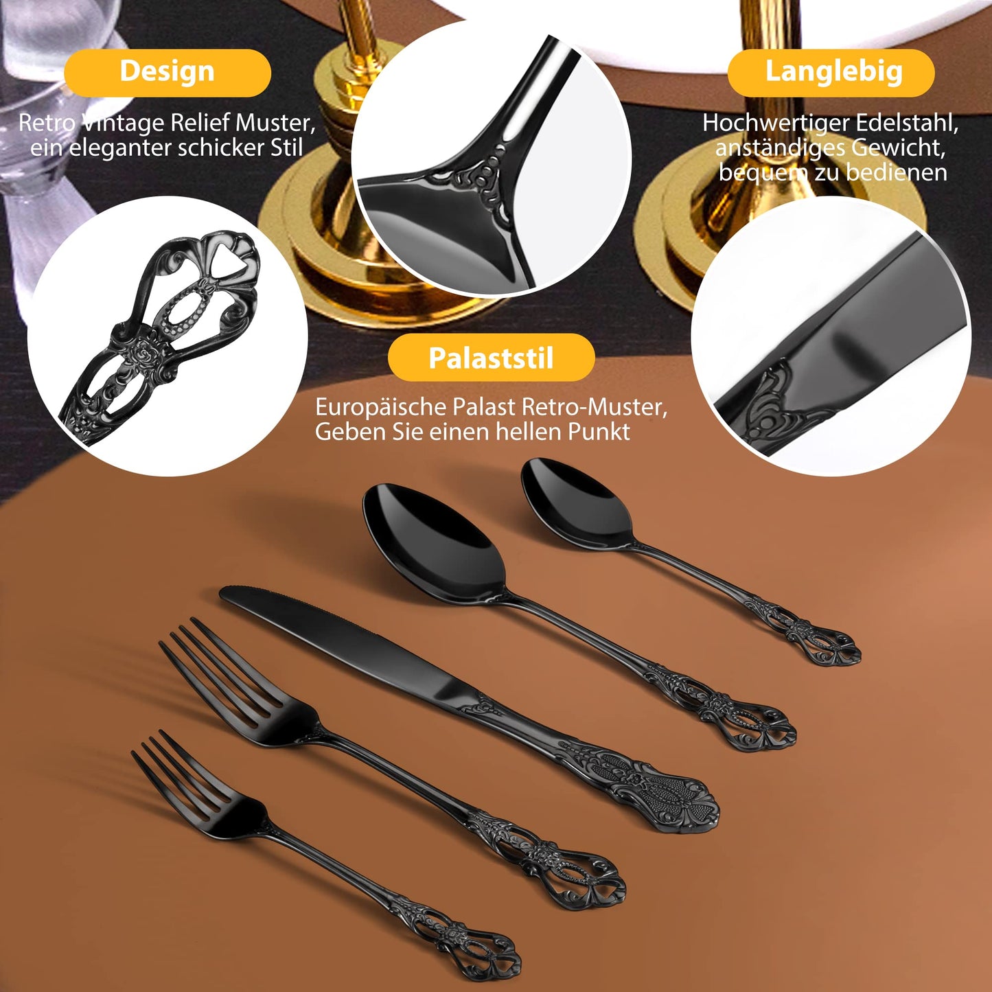 Black Royal 20-piece Cutlery Set, Black Cutlery Set for 4 made of stainless steel, Royal Black Cutlery Knife and Fork Set high-gloss polished dishwasher safe for wedding banquet gift.
