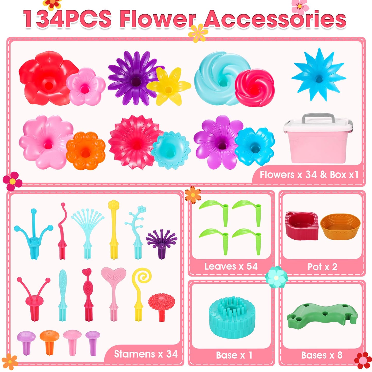 Fivejoy Flower Garden Toy for 3+ Year Old Girls, Montessori Toy Flower Building Blocks Motor Skills Toy, DIY Toy for 3-5 Year Old Girls and Boys, Birthday Gift