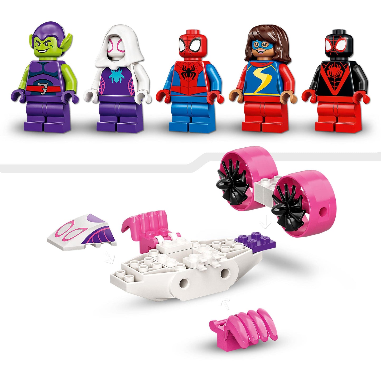 LEGO 10784 Marvel Spidey and His Super Friends Spider-Man's Headquarters, buildable toy with 2-in-1 car and plane, and 5 minifigures including Miles Morales, gift for kids.