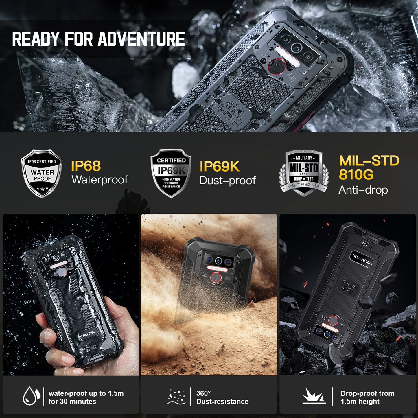 OUKITEL WP5 Outdoor Smartphone Unlocked, 8000mAh battery Outdoor Handy, 7GB 64GB, expandable to 1TB, Android 11, IP68 Waterproof, 4G Dual SIM, Global Version 5.5'' Triple Camera Face/Fingerprint ID