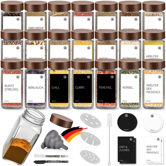 Miorkly 24-Piece Square Spice Jars Set, Glass Spice Shakers with Wooden Lids 120ml, Kitchen Accessories for Spice Storage, Spice Tins, Spice Containers with Spice Labels, Funnel-Spice Jars
