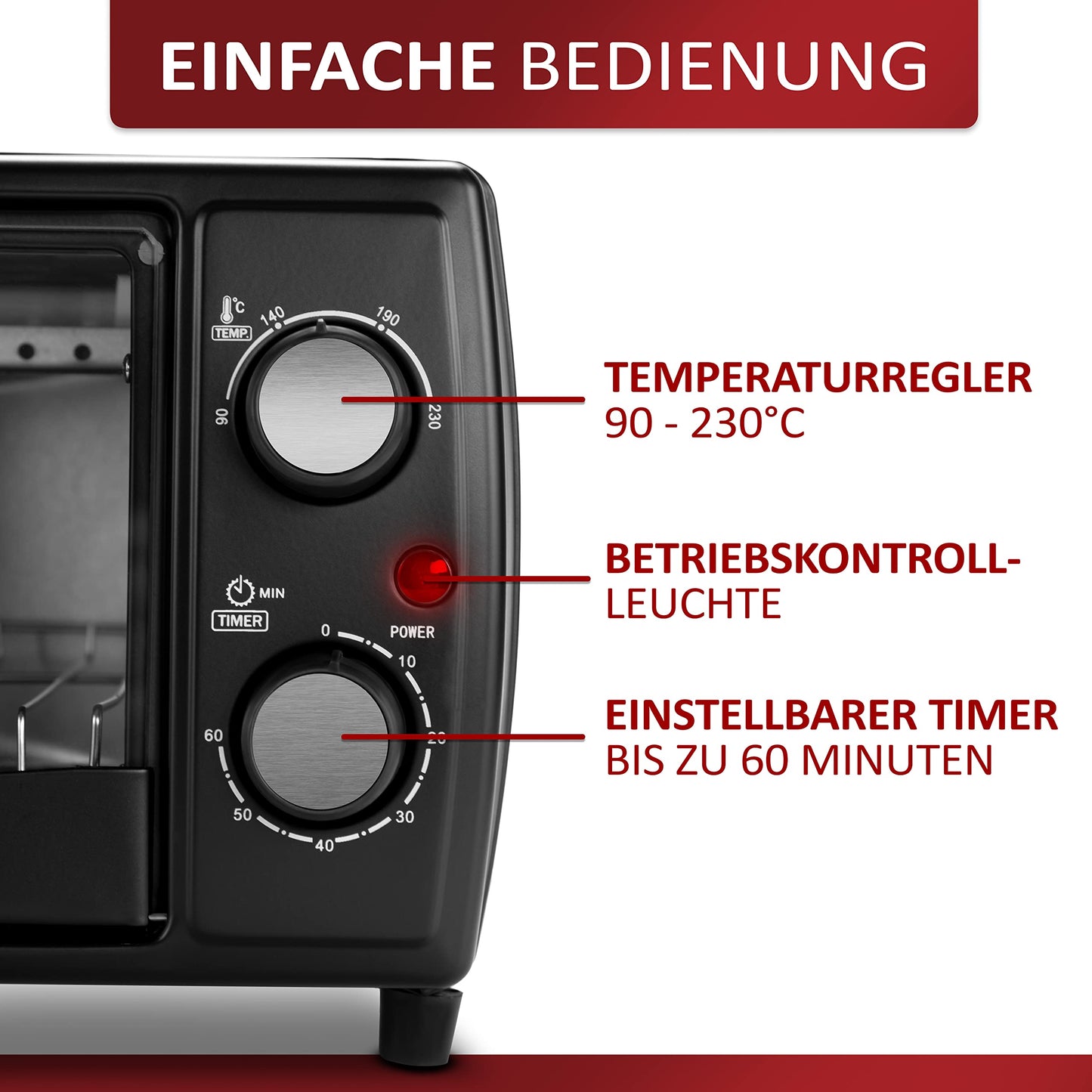 Ecosa Mini Oven | 1000 Watts | 10 liters | includes baking tray and grill rack | Pizza oven | 90°-230°C | 60 min. timer | fold-down crumb tray | mini oven | small oven