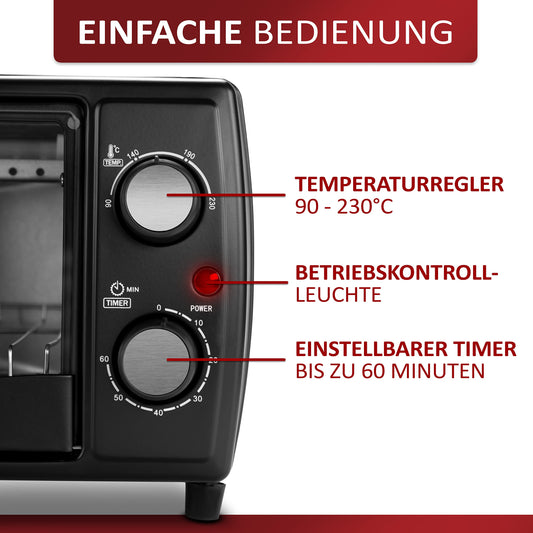 Ecosa Mini Oven | 1000 Watts | 10 liters | includes baking tray and grill rack | Pizza oven | 90°-230°C | 60 min. timer | fold-down crumb tray | mini oven | small oven