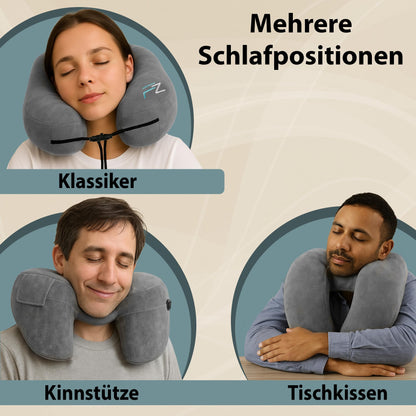 FLOWZOOM Inflatable Airplane Travel Pillow with H-Design, 5 Sleep Positions, and Hood in Grey.