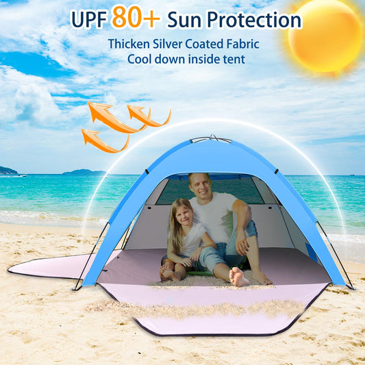 Beach tent for 1-3 people with UV protection 80+, 2 zipper doors, and 2 mesh windows. Family beach shelter with carrying bag for sun protection and shade at the beach.
