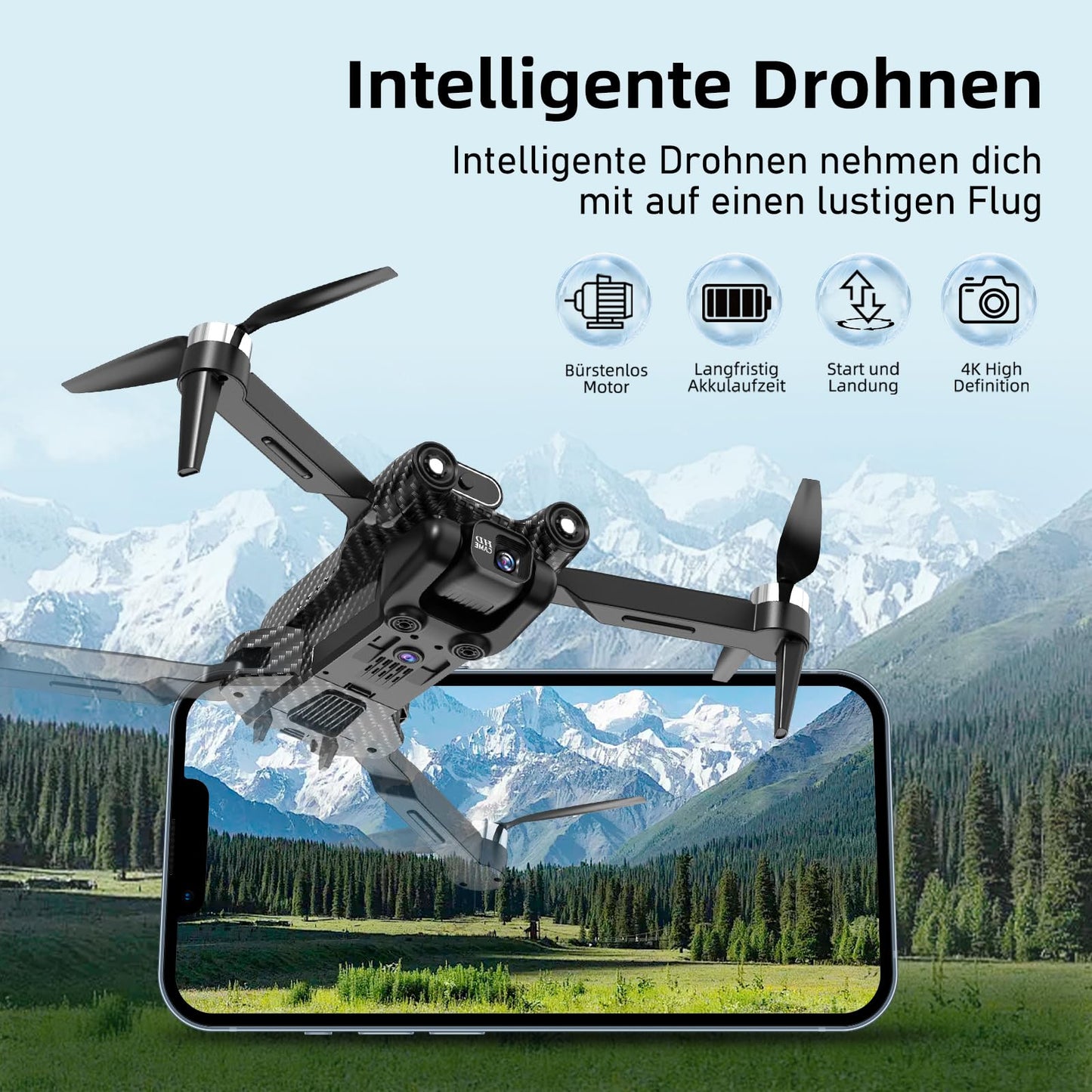 Drone with 4K camera, brushless motor, 360° flip, Headless Mode, WiFi, 5G image transmission, foldable, one-touch start/stop with 2 x 20-minute batteries, carrying case, children's toy gift drone.