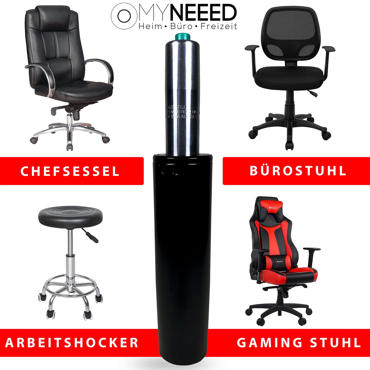 MYNEED gas spring for office chair - Gas spring load capacity up to 200 kg - Gas damper for swivel chair, executive chair, stool, desk chair - Gas spring column office chair, standpipe length: 230 mm Black