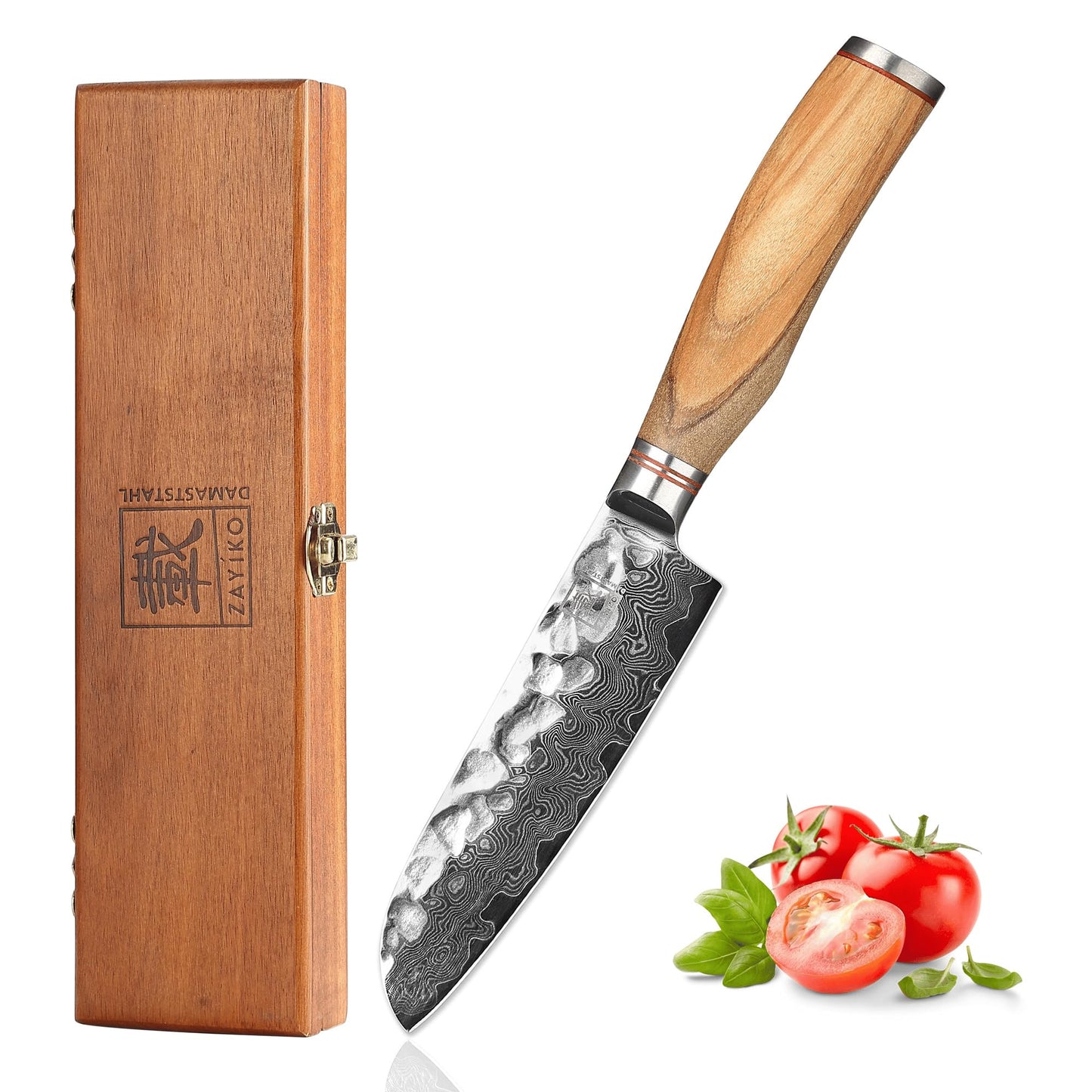 zayiko Minami Premium small Santoku knife with 12 cm blade made of 67 layers of genuine Damascus steel with hammered finish and olive wood handle I wooden box I Damascus knife kitchen knife and professional chef's knife