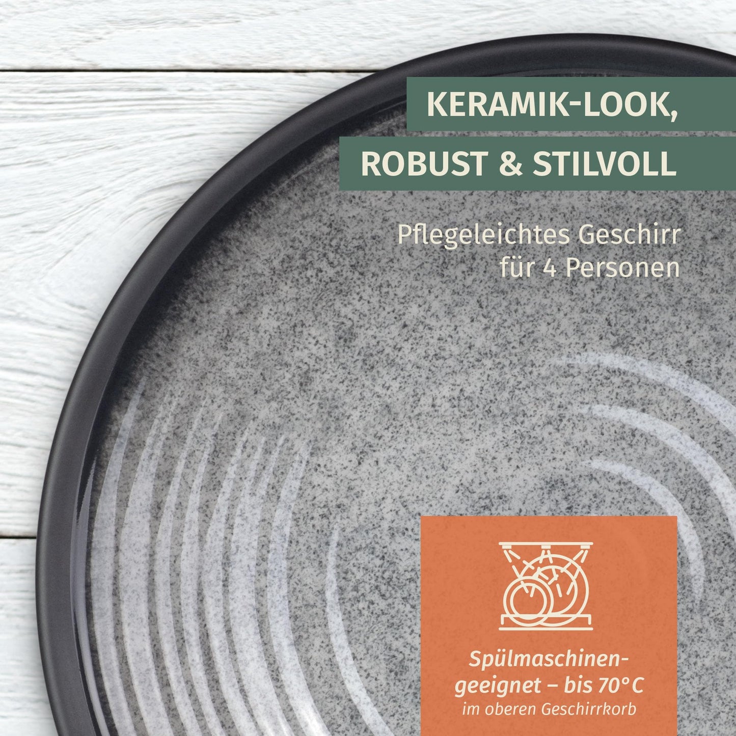 Melamine Camping Tableware Set for 4 Persons in Stone Grey Color, including 4 Stone Coffee Cups. Ideal for picnics, BBQs, and outdoor cooking.