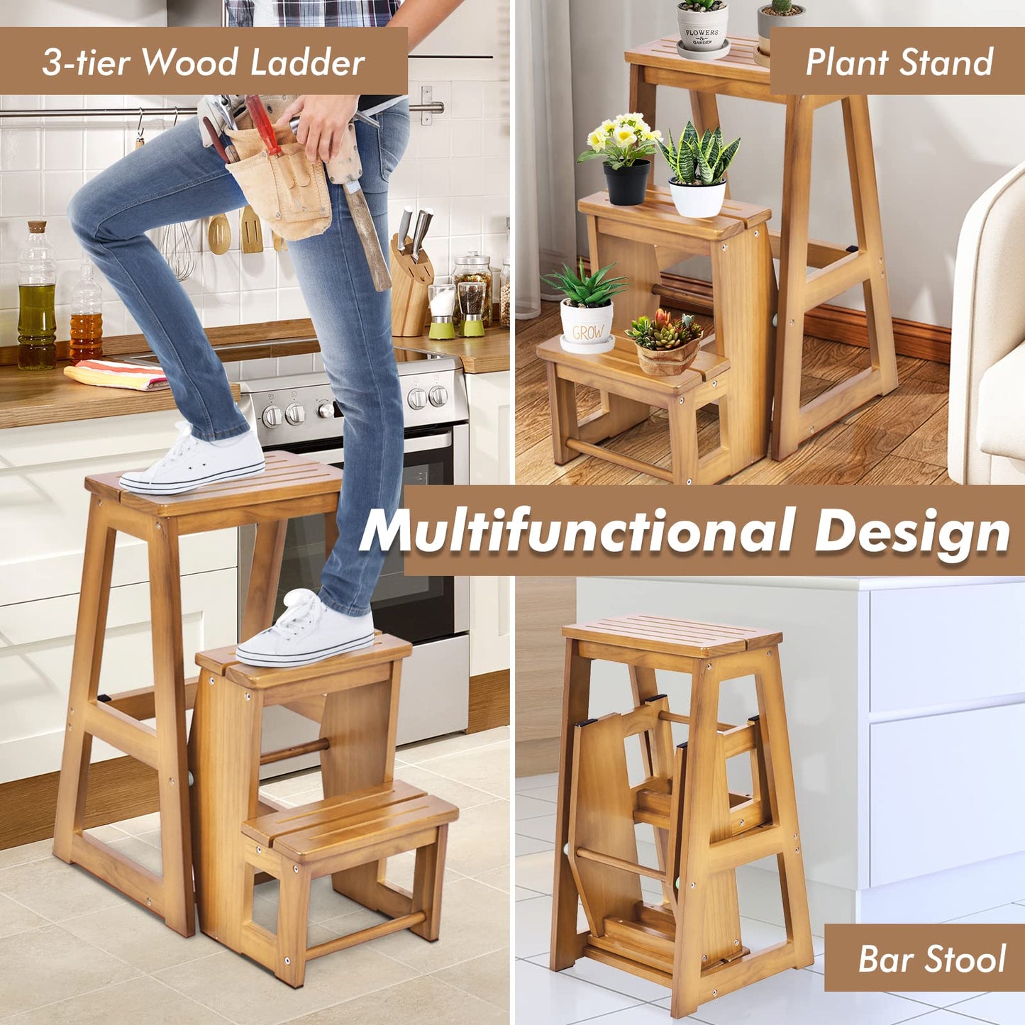 GIANTEX Wooden Step Stool 3 Steps, Folding Step Ladder Foldable Step Stool, Wooden Step Ladder Foldable, Household Step Small, Pine Wood Folding Steps (Walnut)