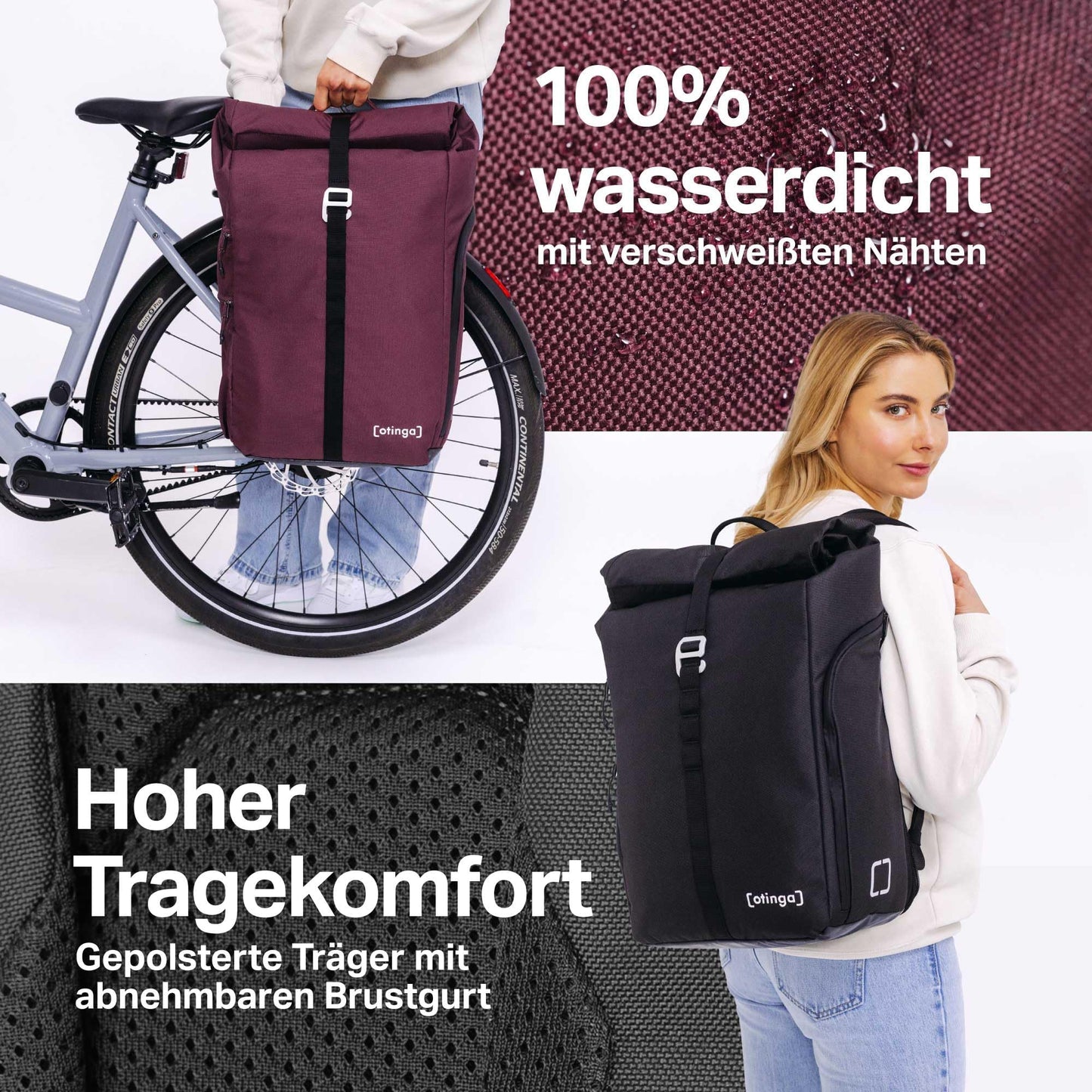 otinga® Flip V2 bike bag backpack [34L volume] for any luggage rack I Stylish luggage rack bag with backpack - converted in 7 seconds I Waterproof bike backpack luggage rack