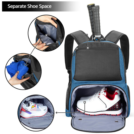 DSLEAF Tennis backpack with shoe compartment, tennis bag for 2 rackets with padded shoulder straps and separate ventilated shoe compartment for women and men
