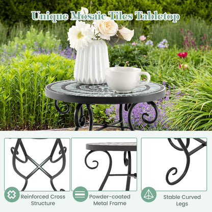 HOMASIS garden table side table with mosaic pattern, plant stand with round tabletop made of metal & tiles, balcony table for garden, balcony & living room (black+grey)
